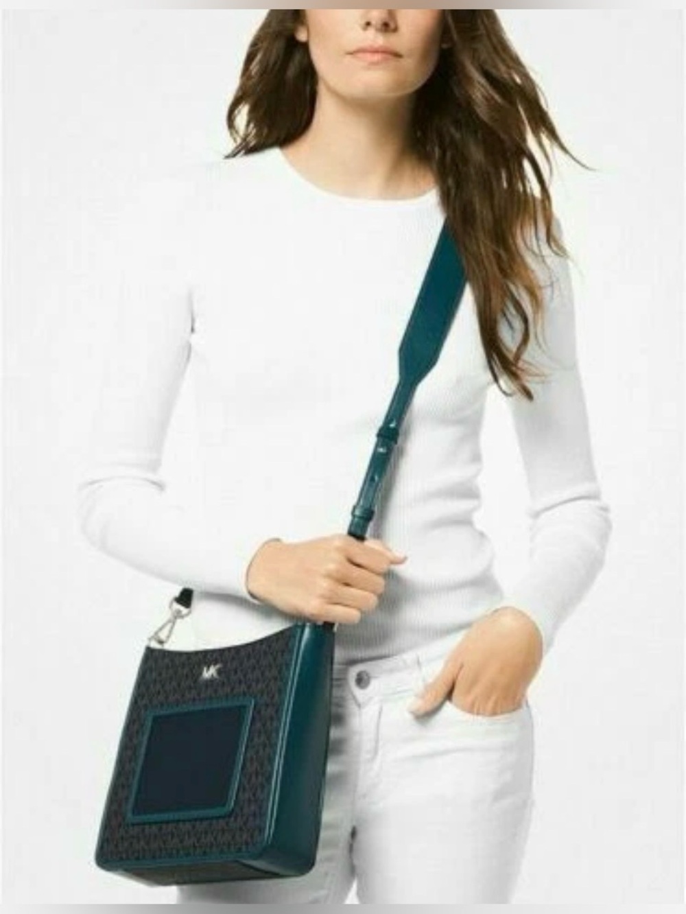 Michael Kors Gloria Logo and Leather Swing-pack/Messenger Admiral Navy Blue Teal - Picture 4 of 16
